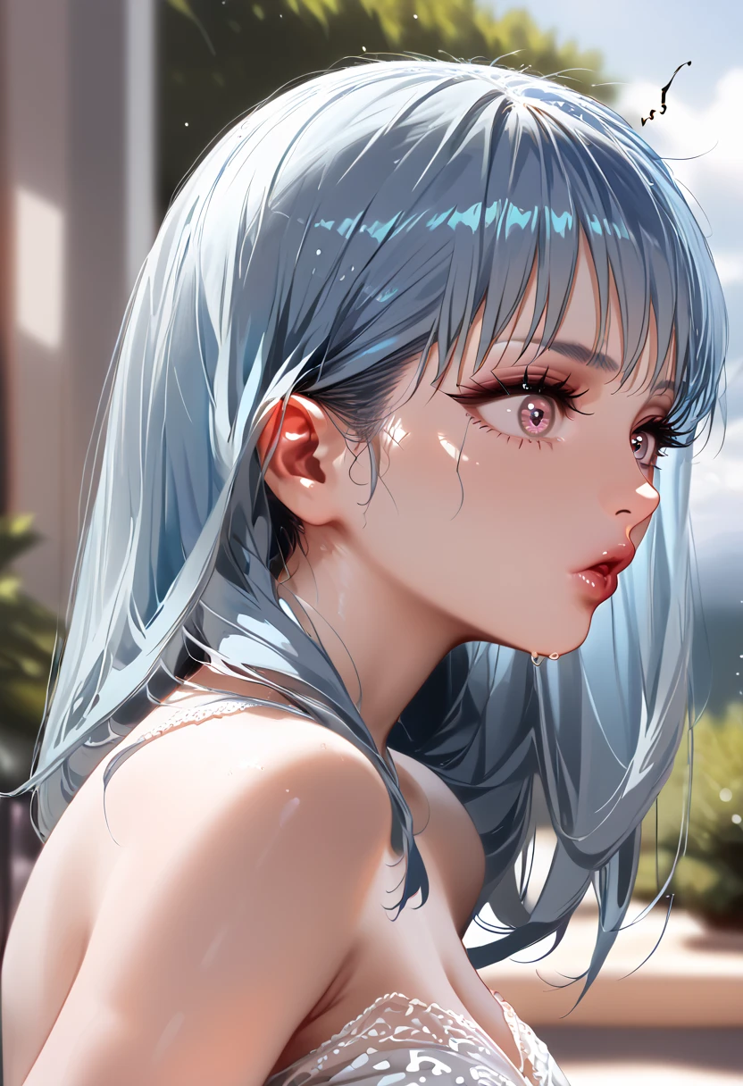 a cute girl with light blue hair, beautiful detailed eyes, beautiful detailed lips, detailed face, long eyelashes, innocent expression, surprised look, hands pulled back, being raped, fucked from side, 8k, intricate details, cinematic lighting, moody atmosphere