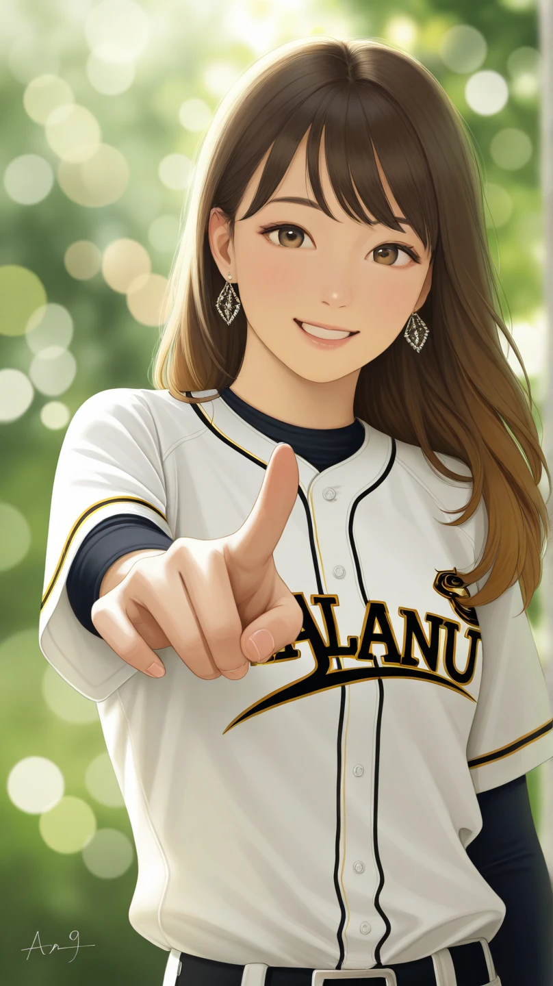 A young woman, likely in her late teens or early twenties, with a friendly expression and bright smile, Asian ethnicity. She is wearing a white baseball jersey, with black and yellow accents, featuring the team name HAWKS. The jersey's sleeves have a sheer black overlay.  She is wearing silver dangling earrings. Her brown hair is shoulder-length and styled in loose waves.  She is posing outdoors, pointing with her right index finger, seemingly gesturing towards something in front of her. The soft light and slightly blurred background suggest a sunny outdoor setting,  with a bokeh of out-of-focus green foliage.  The image is well-lit, with natural daylight providing a bright and cheerful atmosphere. The perspective is from slightly below her waist. The focus is on her face and upper body, with the background slightly softer.  Casual, portrait style, natural light, smiling,  professional photography, photorealistic.
