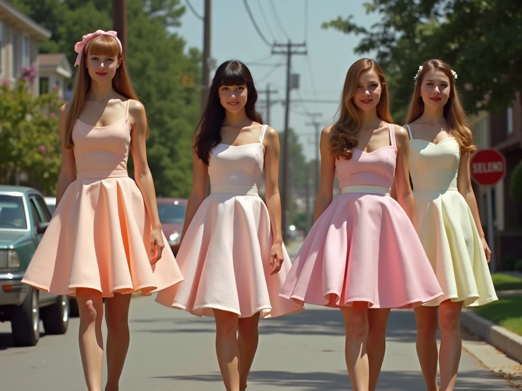 A very realistic 20-year-old woman in a pink dress walking down a street next to a pink car, con alfombra rosa, Estilo 5 0 s, 50s style, 1950s vibes, con un vestido rosa, Ropa rosa, vestida con un vestido rosa, Tonalidades rosa claro, en colores pastel, vestido rosa, en vestidos largos rosa o violeta, 1 9 5 0 s estilo, Aspecto dulce