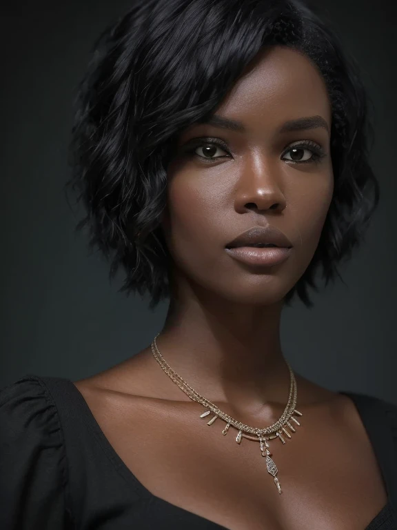 a close up of a woman with a necklace and a necklace, short black hair with gel, h 1024, h 1 0 2 4, african american woman, black short curtain haircut, ultra high quality model, ultra realistic”, ultra realistic ”, highly realistic”, - h 1 0 2 4, -h 1024, h 7 0 4, ebony skin