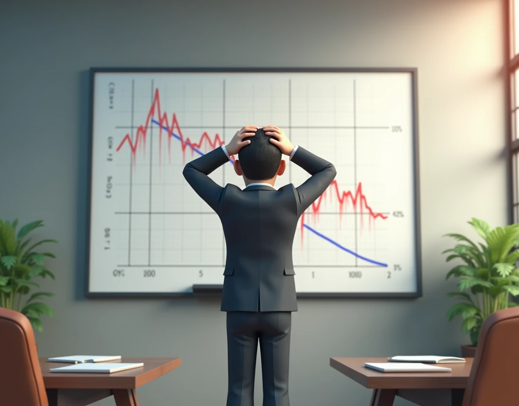 3D animation, theme "rapid decline", graphs drawn on whiteboard, performance that had risen once has peaked and is now rapidly declining, a salesman in a suit holding his head in front of a whiteboard, close-up of the salesman's troubled expression, comical scene, colorful use of colors, sophisticated design, advanced lighting technology, live-action photo 8K quality