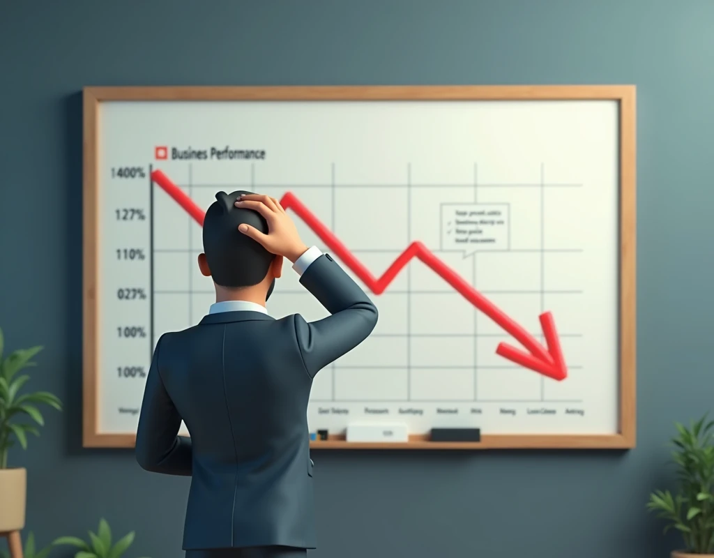 3D animation, theme "rapid decline", graphs drawn on whiteboard, performance that had risen once has peaked and is now rapidly declining, a salesman in a suit holding his head in front of a whiteboard, close-up of the salesman's troubled expression, comical scene, colorful use of colors, sophisticated design, advanced lighting technology, live-action photo 8K quality