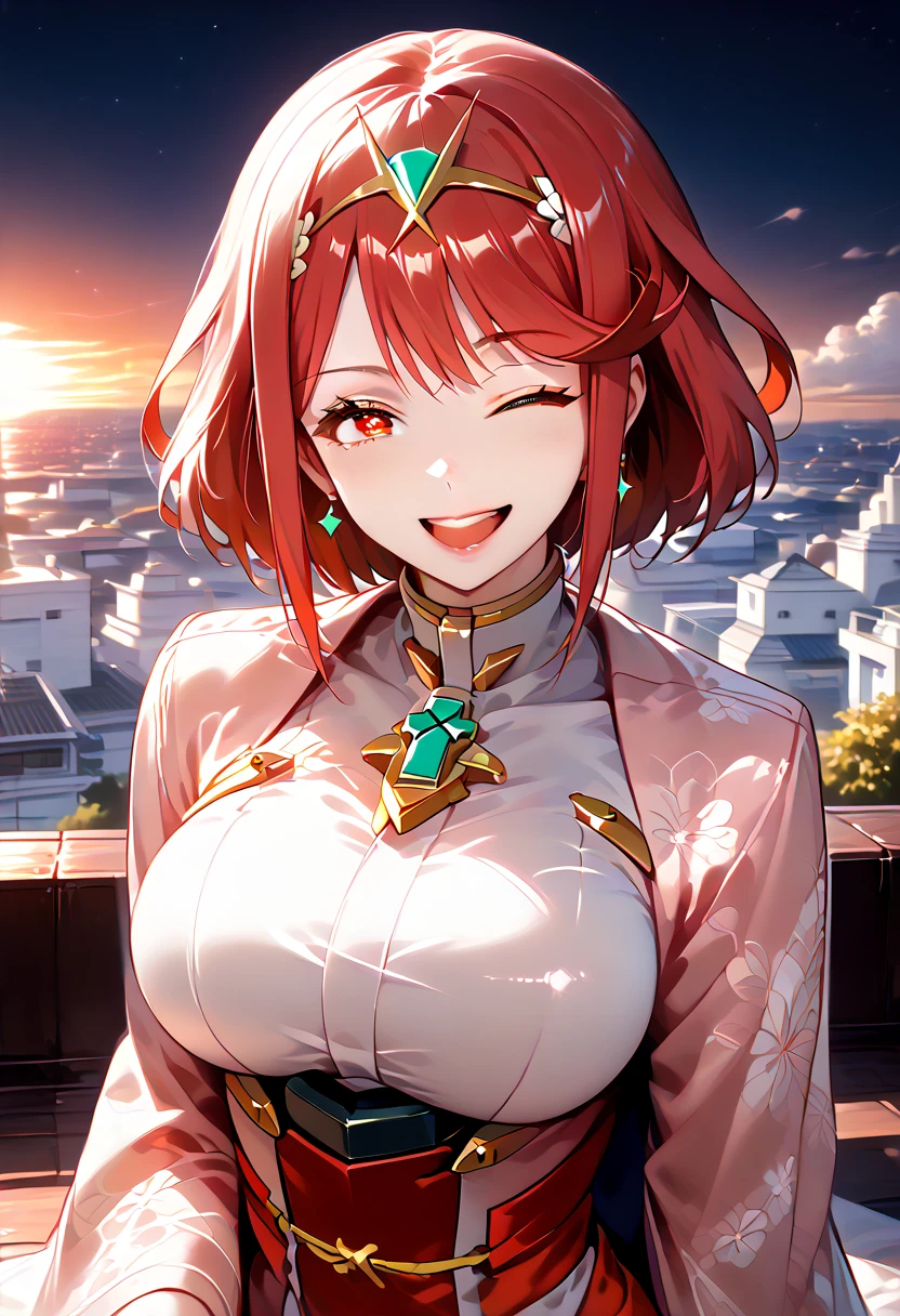 pyra \(xenoblade\), 1girl, red hair, short hair, swept bangs, bob cut, red eyes, Beautiful Face,Laughing embarrassedly,((Wink:2.0)),laugh with a big mouth, turn bright red,Glossy pink lips,night,rooftop,Festive decorations,You can see the ocean, firework,((Anime style background)),masterpiece, highest quality, so beautiful, Latest, Complex details, (Pink long nails),AI-generated, Complex,High resolution, highest quality, super high quality,3D Images、View your viewers、3D Images,,Anime woman posing for a photo, (Fine grain, Shining Eyes:1.4),(Squint your eyes:1.1),a hyperRealistic , hyperRealistic , Realistic, Smooth anime CG art, A woman in a colorful kimono with gold embroidery, (Pink kimono),Red floral pattern,Long flower hair ornament,Big earrings,(ring),(Big Breasts:1.1),Mature Body,Tall,Big Ass,Fine details,Tight waist,Abdominal muscles,(Face close up:1.4,)