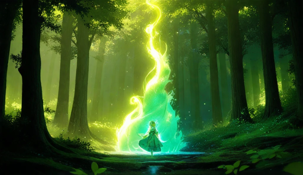 A vivid and surreal depiction of a sacred spring with immense magical power, a source of great energy, located deep within a vibrant and enchanting forest. The spring itself radiates with bright and dazzling green light, its core erupting into beams of magic that shoot up into the sky. Instead of ordinary water, pure liquid energy bursts forth from the spring, creating streams of shimmering green light that pulse with power as they arc into the air and gradually fade away, transforming into sparkling magical particles that illuminate the surroundings. The sacred spring is a layer of ancient stone intertwined with modernity, intricately carved and revered by tribes, adorned with glowing mysterious inscriptions that signify the passage of time. As vines and flowers that grow abundantly pulsate gently as if alive, they draw energy from the core of the spring.

The entire scene is bathed in light and mystery, illuminating every detail with a soft yet powerful glow. Medium-sized ancient trees, surrounded by lush vegetation, encircle a spring. Bright green leaves shimmer vibrantly as the energy from the spring envelops their bark like a stream of living light. The forest canopy, with its fully-leaved trees, allows bright green light to filter through in beams, creating stunning highlights that spread across the forest floor with vitality.

The forest floor is dotted with glowing moss, shimmering golden symbols, and vibrant, energetic flora. Small, round orbs float in the green air, dancing through the thick mist, casting playful shadows that shift with their movements. Nearby, small trees emit a radiant glow, their roots visibly anchoring the luminous energy that spreads across the ground like ancient veins of power. The soft, sparkling mist is now brighter and more brilliant, gently swirling as it captures the magical light from the spring.

The interplay of light and shadow is more vibrant, with bright green and shimmering green as the main colors in the palette, exudin