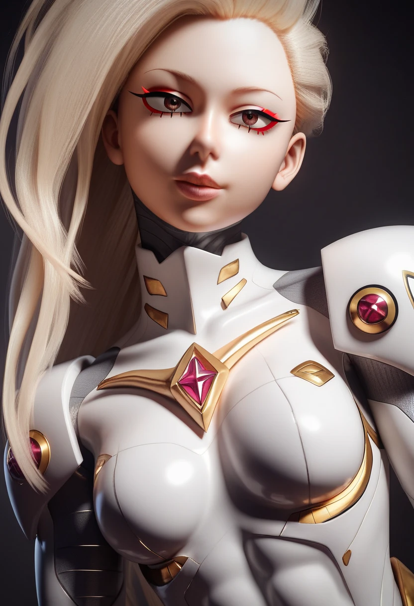 (whole body), ( realistic , [Anime]), (3d:0.3), Dramatic lighting, ((masterpiece)),(quality),( high definition ), Tall Lady Voidstar, [[【Covered ABS]], ((X-Ray Power Armor|Bodysuit with lines|White Power Armor) Mechanical arm), Long black hair undercut, [ Evil Smiles ],  small breasts,  covered navel ,  eyeliner ,  eyelash ,  perfect face, Beautiful Nose, Detailed Students,  beautiful eyes,  detail eyes,  brown eyes, Perfect Lips, A-pose on MONITOR,  simple background, [ My Hero Academia], (set:1) ,  