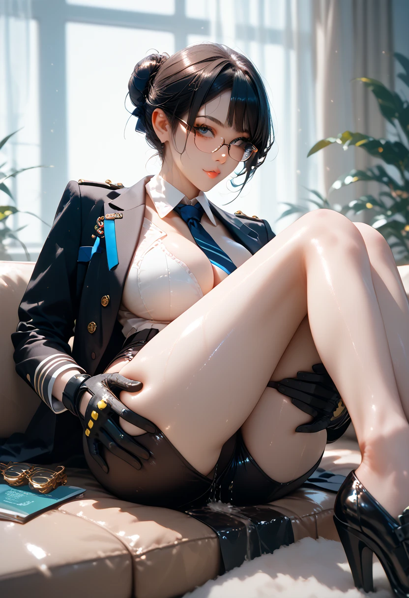 anime girl big breasts in a suit accountant with glasses black combat gloves on her arms and legs forward hair black bun straightens her glasses hand on thigh