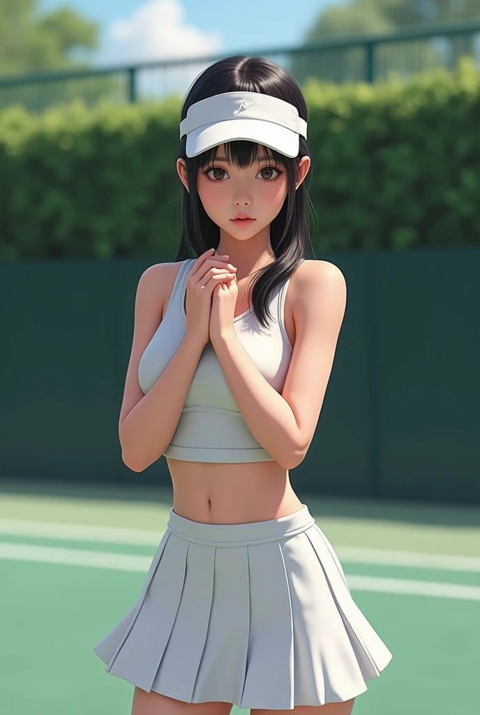 (((top-quality)), ((​masterpiece)), Pitch Resuit、(Colossal tits:1.4)、goth_punk, 1girl in, 独奏,、top-quality, Photorealistic, An ultra-fine illustrations, beautiful attractive anime girl, miku hatsune, Slender body, Tied hair, one girls, a photo of girl, Full body shot, Beautiful blue eyes, Turned,、Puffy nipple、ONE PIECE tennis dress uniform 、sobbing tears、 see -through、kneehighs　white、panty shot、(cum in pussy vaginal:1.2)、cum in mouth.、stadium、crowd、Being watched、(G-string :1.3)、Tennis match、Open lips、a  smile