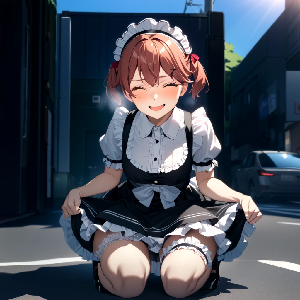 Sakura miko, ((front light)), smug smile, horny feeling, in heat, sweat, steam:1.33, (laugh), 1girl, solo, maid, maid apron, maid headdress, puffy sleeves, full length, (sitting on ground, squatting, spreading legs), spread_leg:1.33, spreading crotch by fingers, outdoor, sunny day, roadside in Tokyo, professional light, squirting