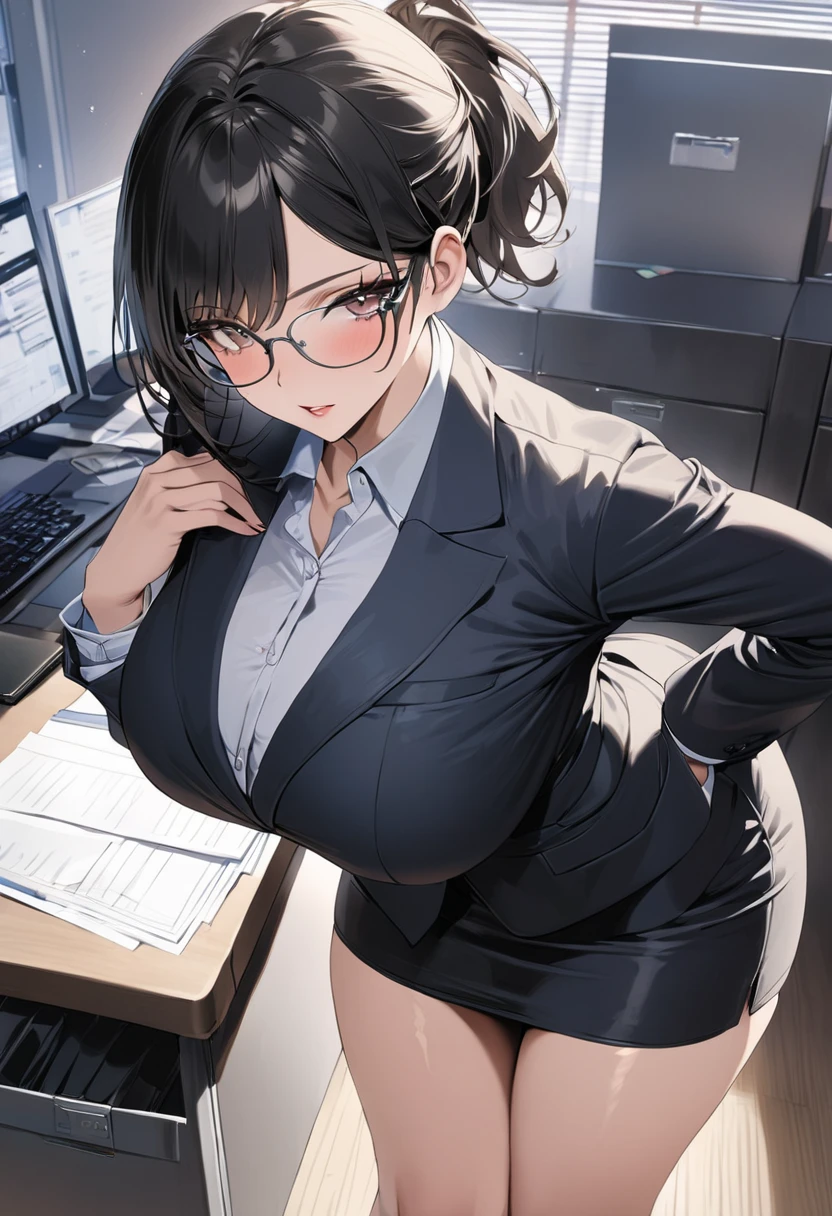 ((  best quality)), ((masterpiece)), (   Details), ( 1 Anime Girl  ),    sexy,  black hair with big breasts 9０CM OL ,    short ponytail ,   young woman,  OL with glasses , ((( Woman standing in office ))) , (  woman in business suit  ),  pencil skirt