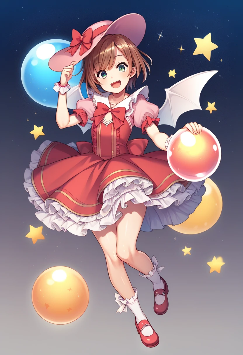 score_9, score_8_up, score_7_up, uncensored, source_anime, 1girl, solo, green eyes, hat, dress, wings, brown hair, solo, short hair, red footwear, ribbon, full body, magical girl, short sleeves, shoes, star \(symbol\), open mouth, puffy sleeves, pink headwear, pink dress, frills, smile, socks, Crystal ball,red dress