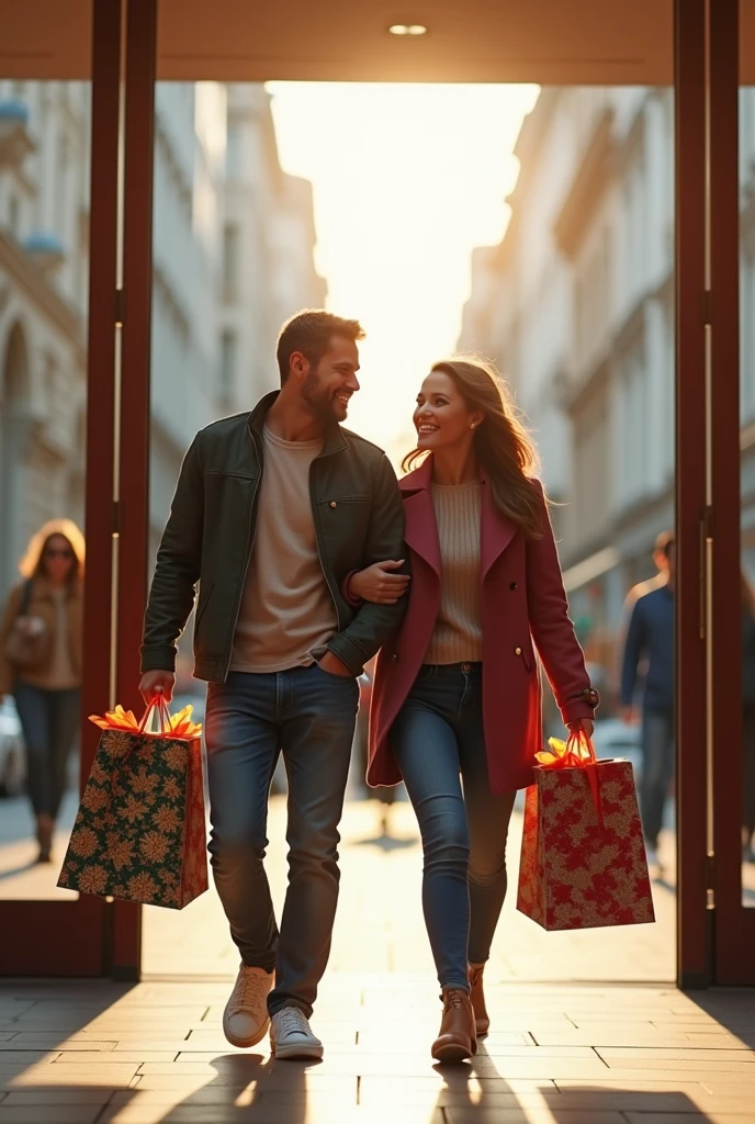 A smiling couple with shopping bags in their hands leaving a store