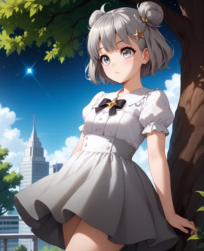 The background is a city, perfect Gray Hair girl, Loli Dress, Gray Hair, Gray Hair god,  cute anime wife wearing beautiful clothes, Gray Hairの,   Best Anime 4k Conachan Wallpaper  , Little Curvy Lori , Pixiv ArtStation の guvez, Gray Hair girl, Nightcore, Standing on a tree,  and I look up at the stars, The face is very detailed