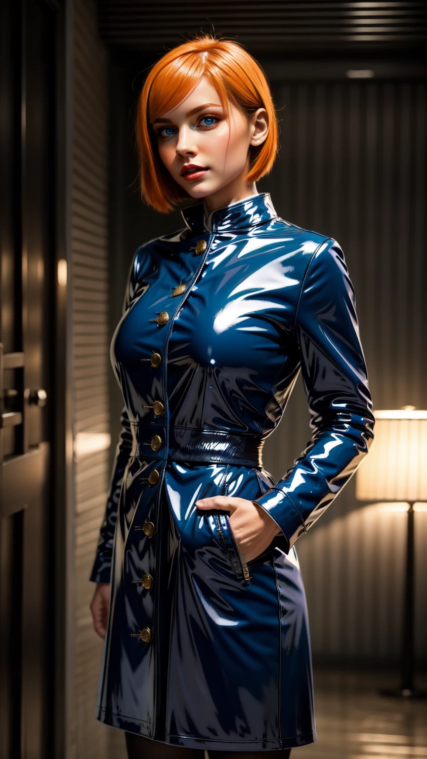 masterprice,womenshort hair, orange hair, medium breast, blue latex school uniform, 1girl, solo, blue latex jacket, bangs, blue gakuran,lblue atex long sleeves, stand in abar