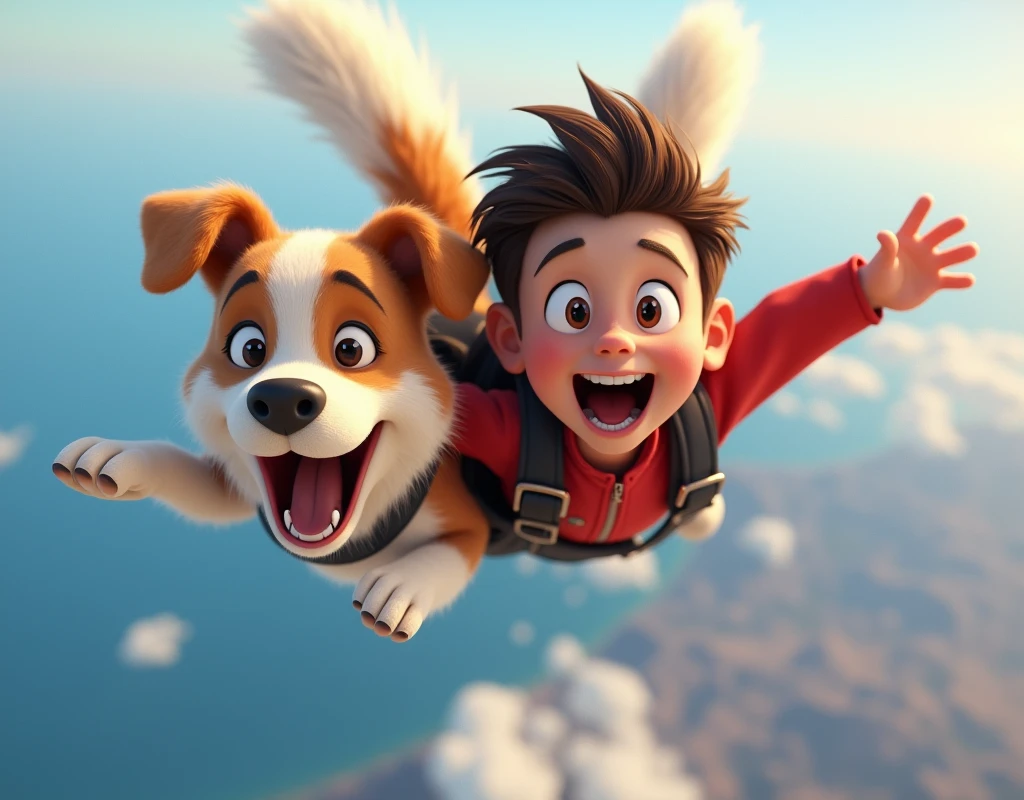 3D animation, theme is "rapid descent", boy wearing yellow helmet and dog are skydiving, boy and dog have their mouths wide open and wind is blowing into their mouths, lips and cheeks are trembling, lips are rolled up and gums are visible, focus on mouth expression, comical scene, colorful color usage, sophisticated design, advanced lighting technology, live-action photo 8K quality