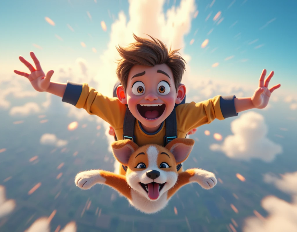 3D animation, theme is "rapid descent", boy wearing yellow helmet and dog are skydiving, boy and dog have their mouths wide open and wind is blowing into their mouths, lips and cheeks are trembling, lips are rolled up and gums are visible, focus on mouth expression, comical scene, colorful color usage, sophisticated design, advanced lighting technology, live-action photo 8K quality