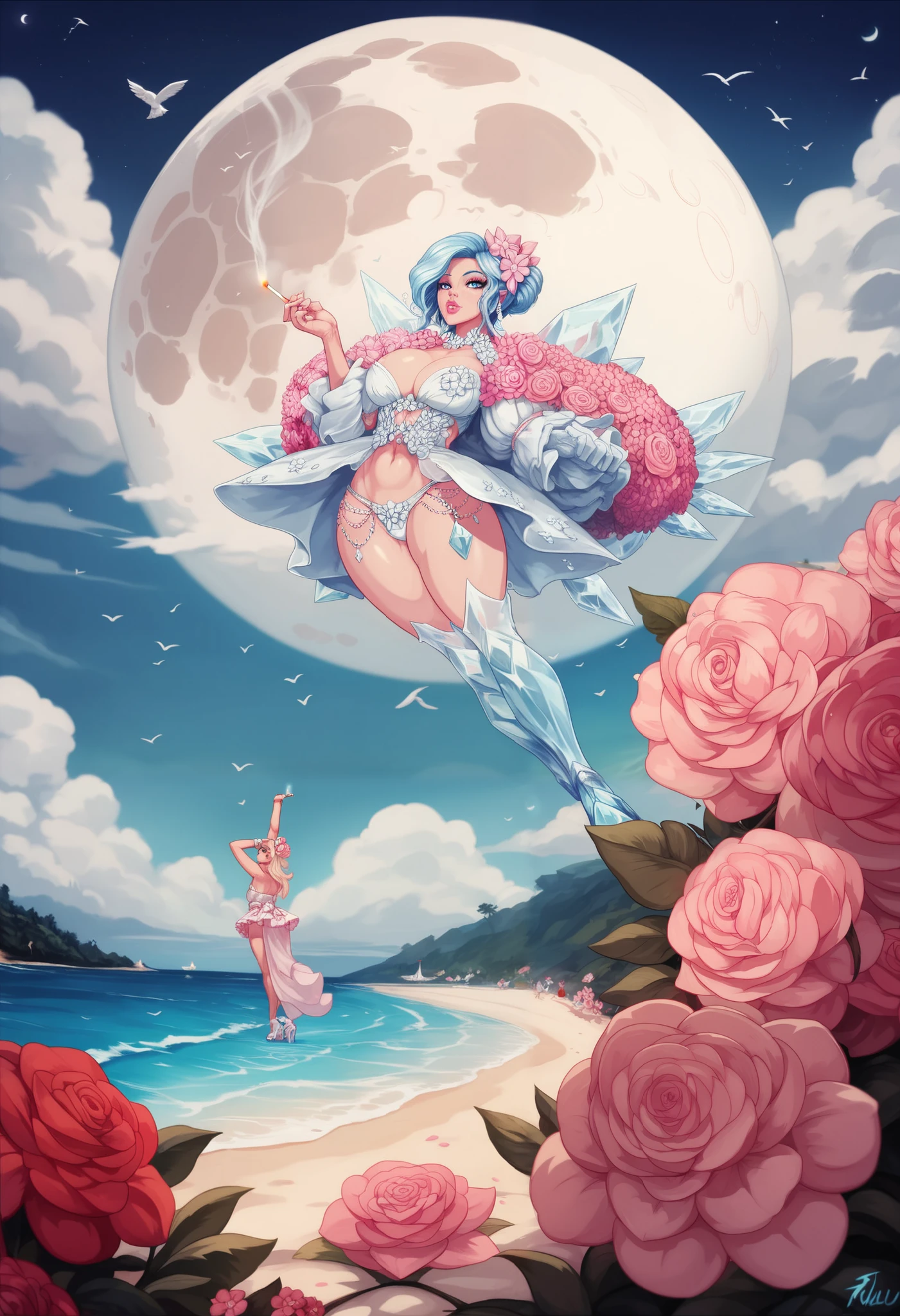 (masterpiece, best quality:1.2), ultra detailed 8k image, cowboy shot, (solo), (1girl):1.5, glasses, long fluffy pink hair, hair blowing, gorgeous body, wide hips, slight smile, ((very sexy and transparent (clear nigthdress)) with exposed navel), musculous belly, gorgeous huge breasts, ((pink breasts niples) under very transparent clear nigthdress), (cameltoe), in front a waterfall in a windy beach, view form sea to beach.