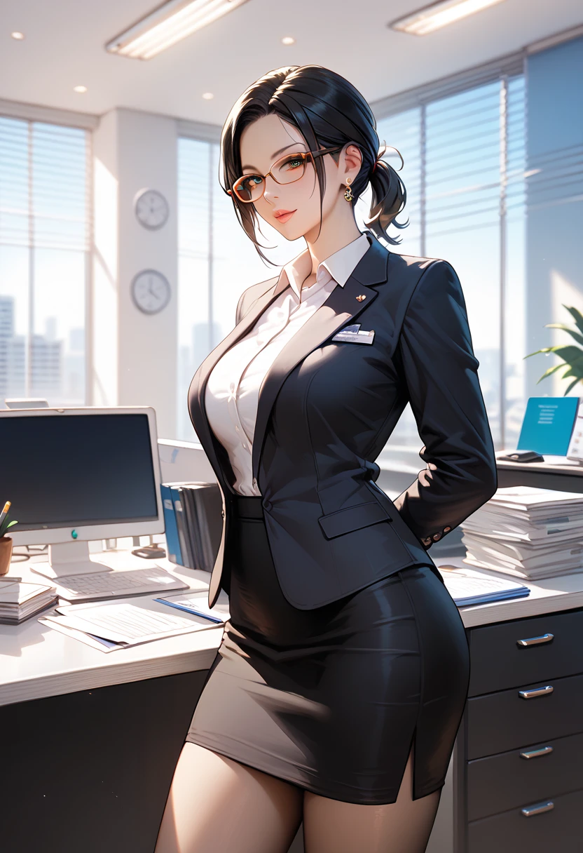 ((  best quality)), ((masterpiece)), (   Details), ( 1 Anime Girl  ),    sexy,  black hair with big breasts 9０CM OL ,    short ponytail ,   young woman,  OL with glasses , ((( Woman standing in office ))) , (  woman in business suit  ),  pencil skirt