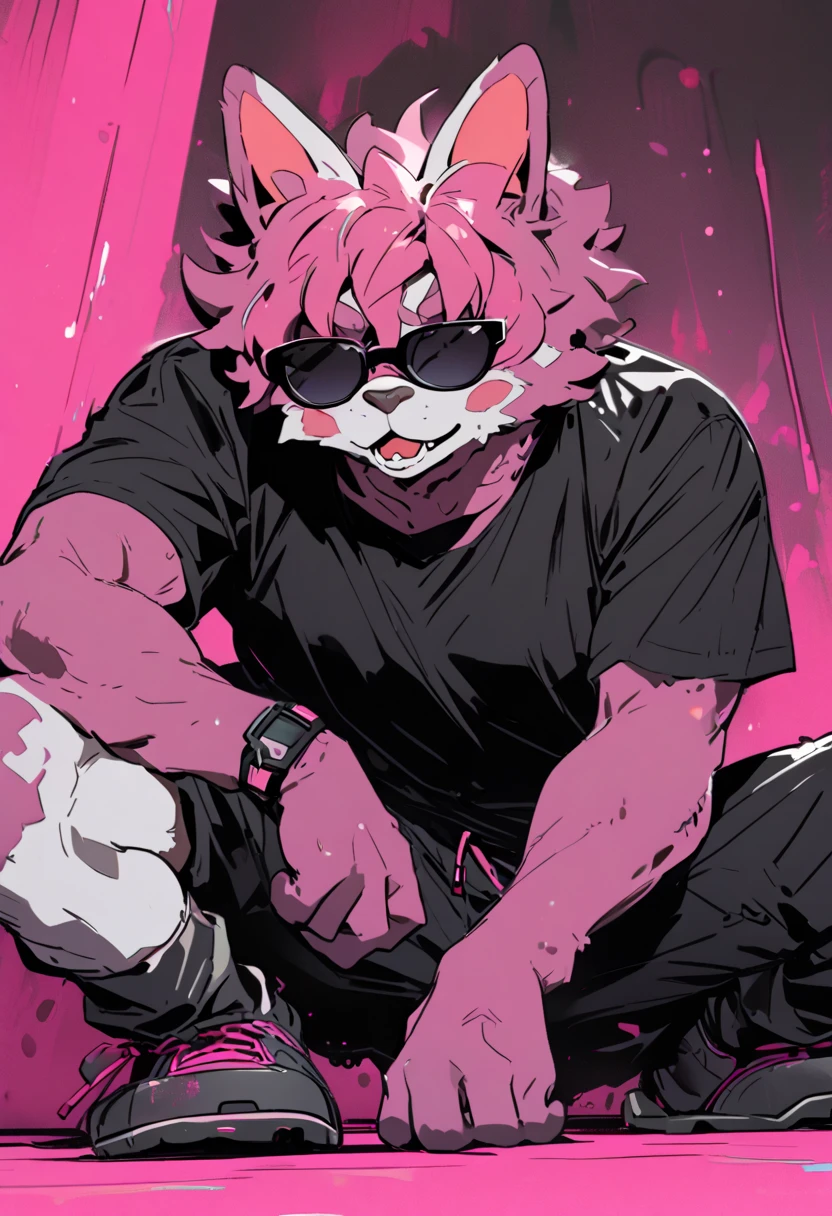 Bunny boy furry squatting pink hair dark glasses black t-shirt in stained white underwear