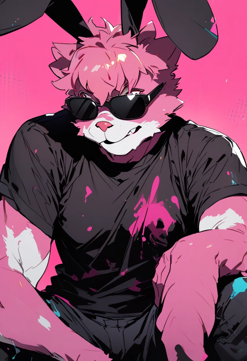 Bunny boy furry squatting pink hair dark glasses black t-shirt in stained white underwear