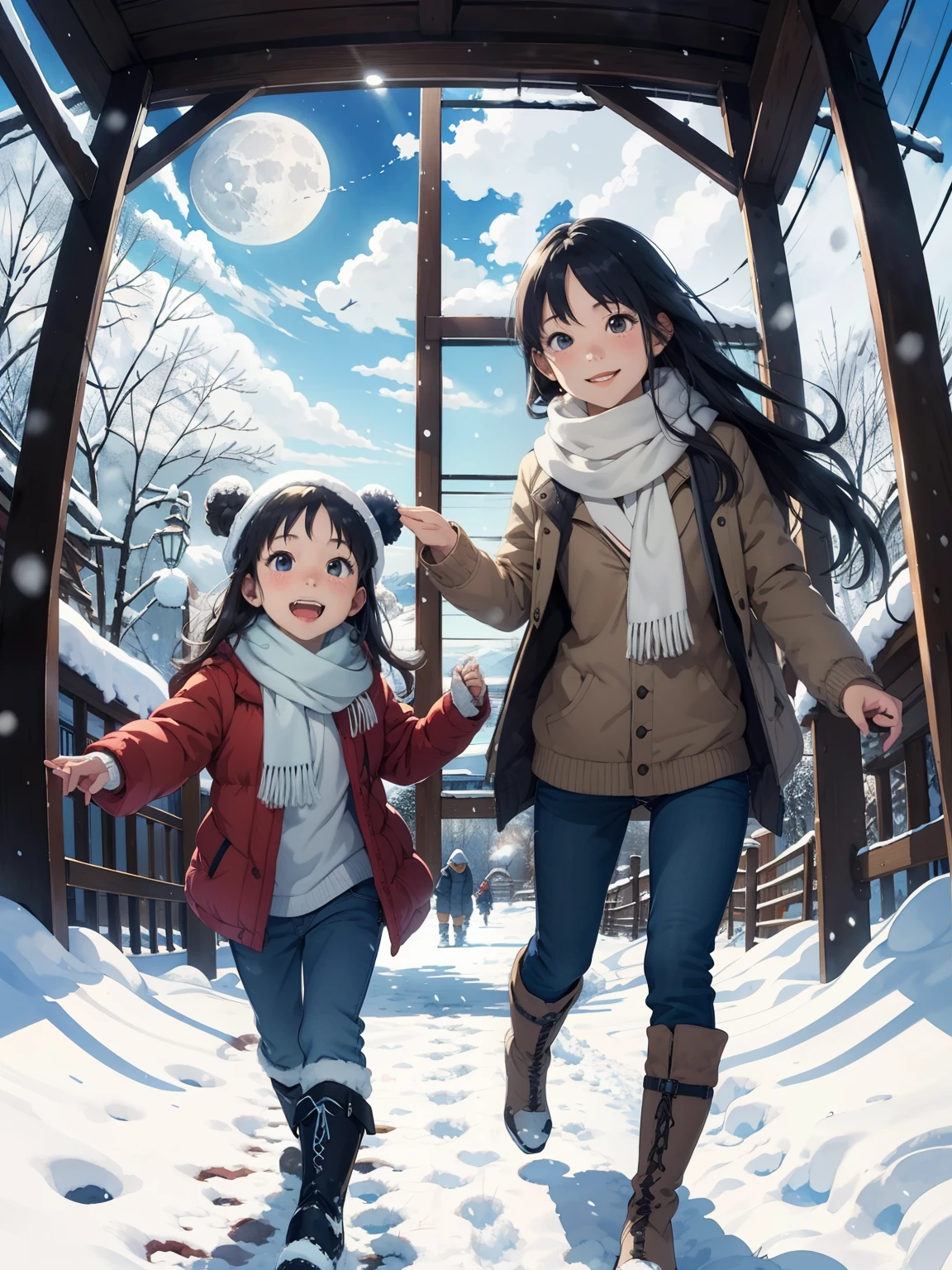 masterpiece，  top quality，  high image quality，(   super flat  ，   flat shading  )，   fisheye lens， beautiful petite trained young mother and very cute trained daughter:1.25，   warm scarf  ，(naked)， long hair, glass，  boots，smile, smile, White Breath，fun, play, winter, snow, 新snow，snow景色，At dusk，Beautiful Moon，Wide angle,   bright color , watercolor,   Ghibli style，Strong winds， girl&#39;Lure，