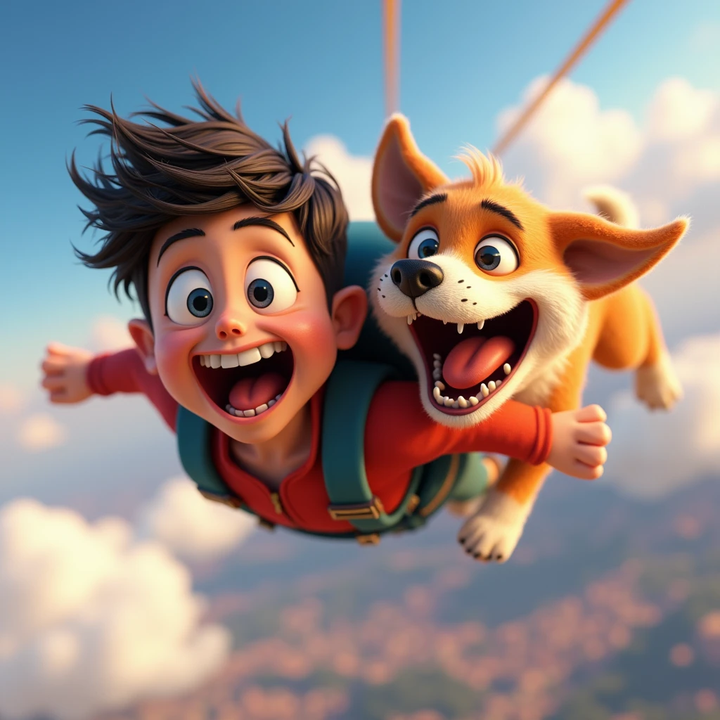 3D animation, theme is "rapid descent", boy wearing yellow helmet and dog are skydiving, boy and dog have their mouths wide open and wind is blowing into their mouths, lips and cheeks are trembling, lips are rolled up and gums are visible, focus on mouth expression, comical scene, colorful color usage, sophisticated design, advanced lighting technology, live-action photo 8K quality