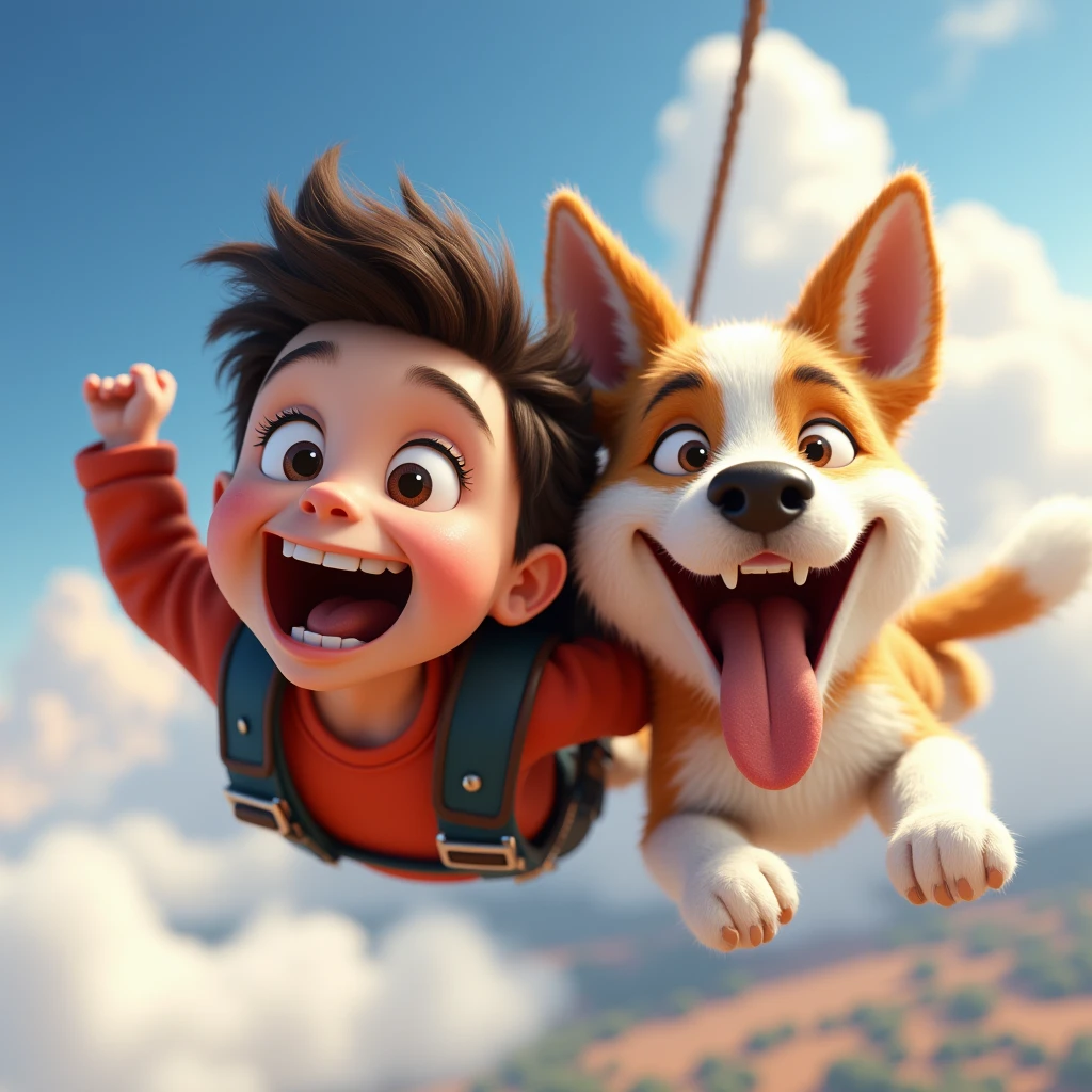 3D animation, theme is "rapid descent", boy wearing yellow helmet and dog are skydiving, boy and dog have their mouths wide open and wind is blowing into their mouths, lips and cheeks are trembling, lips are rolled up and gums are visible, focus on mouth expression, comical scene, colorful color usage, sophisticated design, advanced lighting technology, live-action photo 8K quality