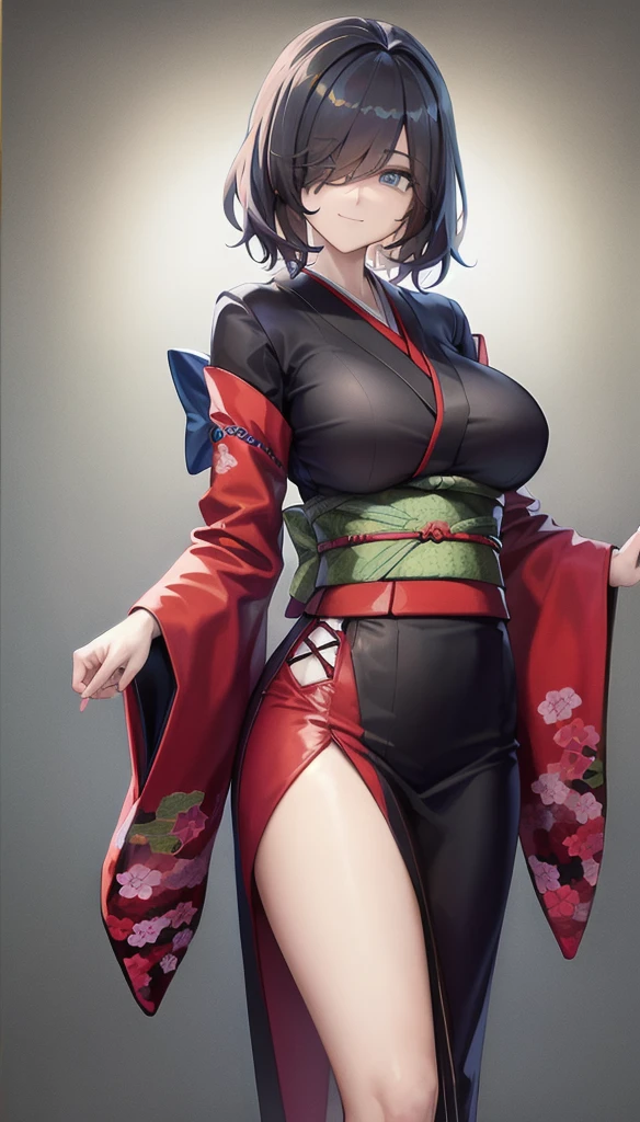  hair covering one eye,
( kimono:1.28),
 Smile,Shut up,
Miss, Mature Woman ,  cowboys shoot ,
( white background , Simple background:1.18),
 High Resolution, official art ,original,masterpiece, best quality,
(Big Breasts),
 