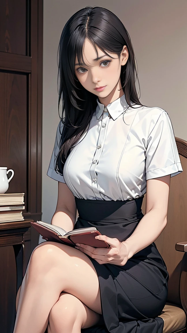 maximum resolution, ultra high definition, (delicate eyes and skin), (detailed facial features), sharp focus, cute face, perfect body, anatomically correct, Highly detailed face and skin texture, dark blue eyes, double eyelid, thin eyebrows, shiny skin, sparkly earrings, bracelets, glossy lips, Very cute high school girl, smile, long wavy hair, light brown hair, library, low angle shot, large breasts, thigh highs, white shirt, black pleated miniskirt, (looking back at viewer)