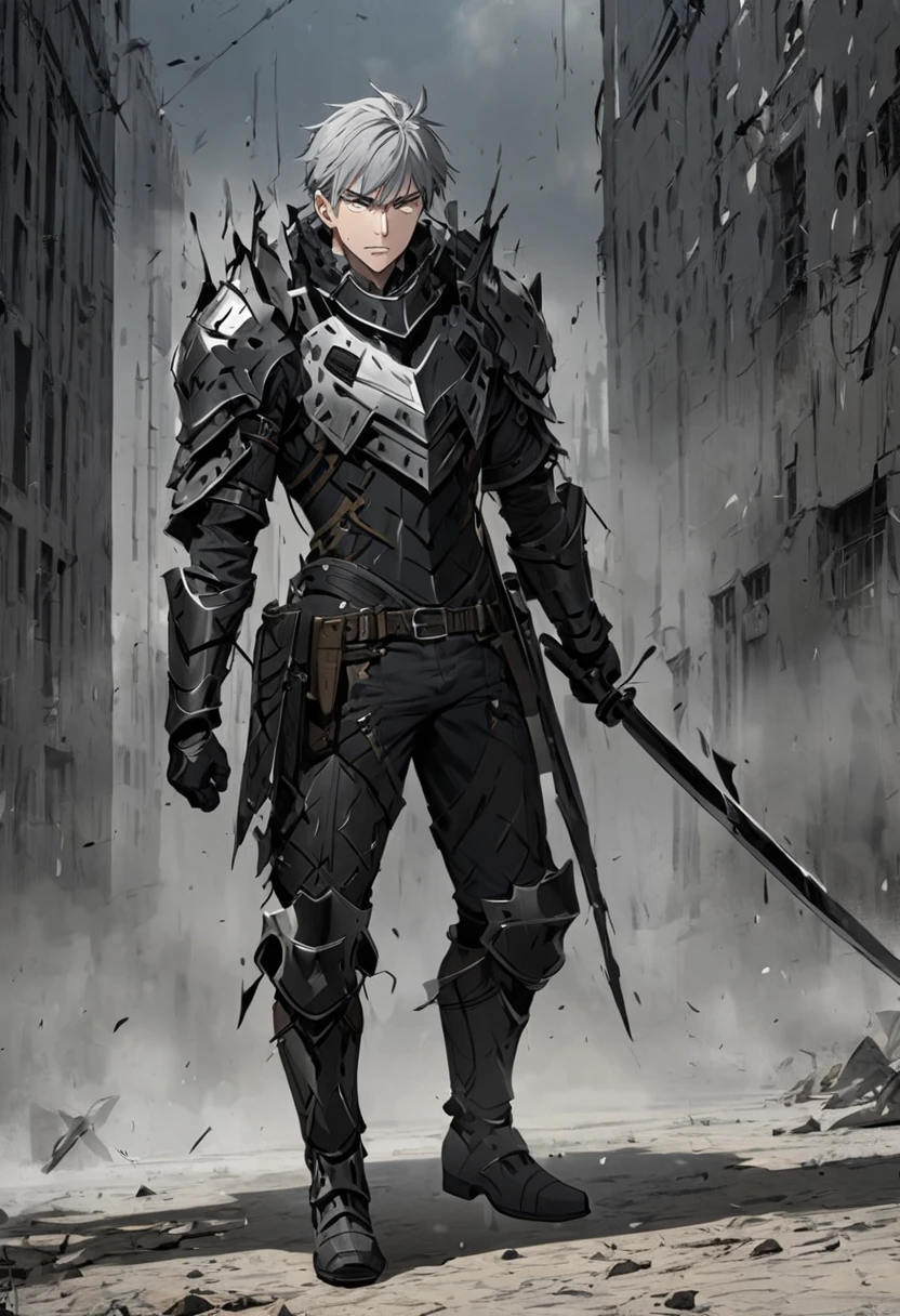 Grey haired man　28 years old　Wield a sword　Broken Black Full Body Armor　