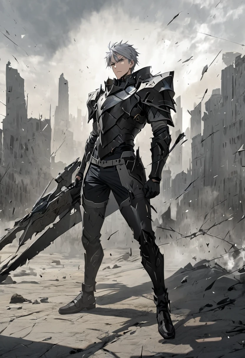 Grey haired man　28 years old　Wield a sword　Broken Black Full Body Armor　