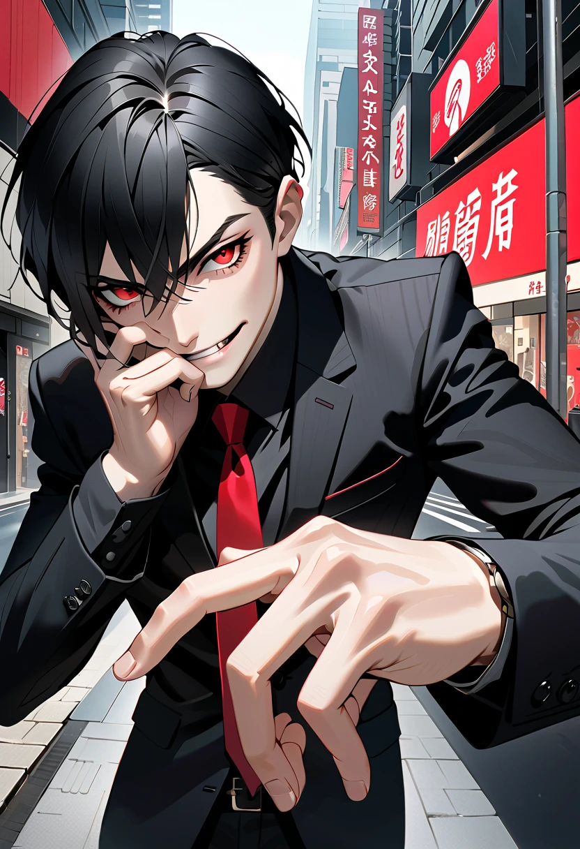    black hair,    sharp eye, Lewd Eyes, male　  red eyes　short hair business suit　Portraiture　whole body　Biting the fingernails of my left hand in the city　Bad face　Bad Smile