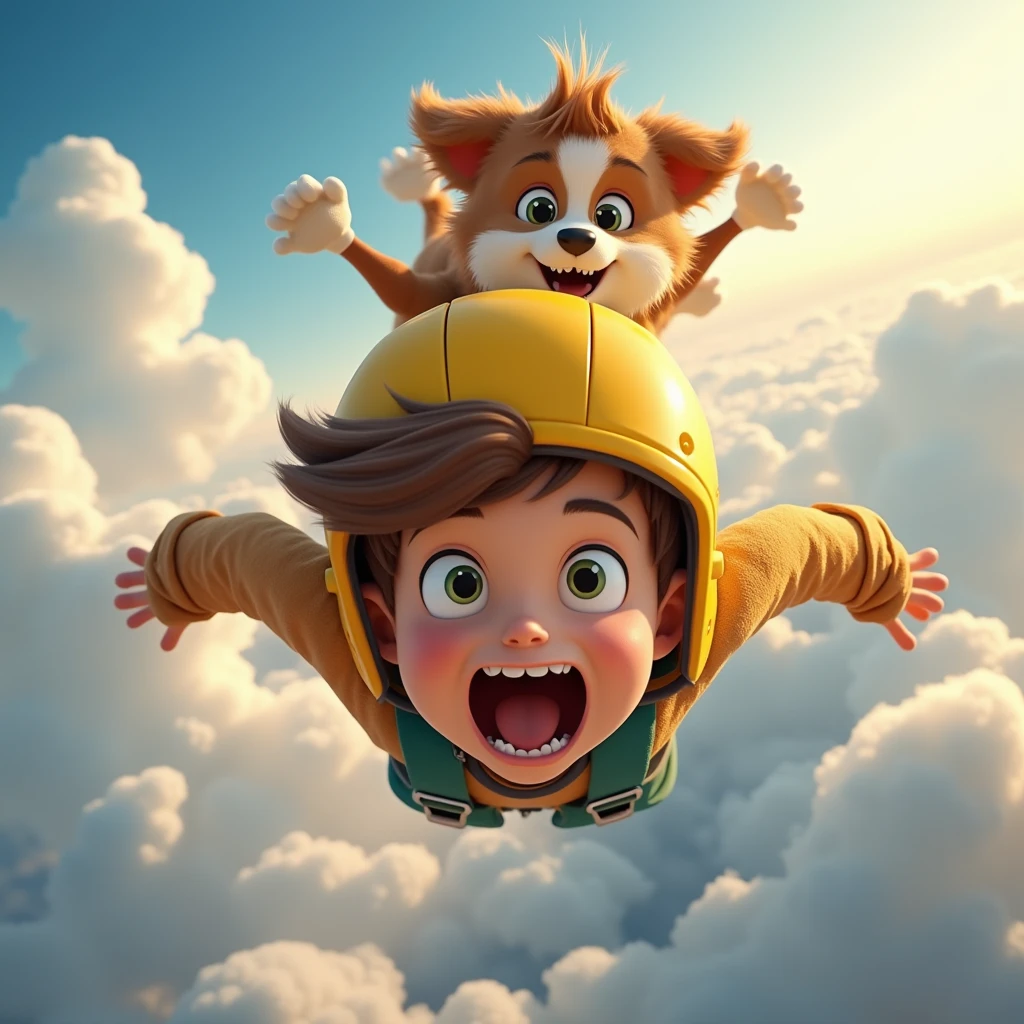 3D animation, theme is "rapid descent", boy wearing yellow helmet and dog are skydiving, boy and dog have their mouths wide open and wind is blowing into their mouths, lips and cheeks are trembling, lips are rolled up and gums are visible, focus on mouth expression, comical scene, colorful color usage, sophisticated design, advanced lighting technology, live-action photo 8K quality