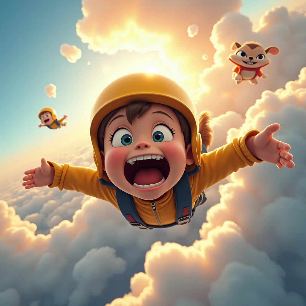 3D animation, theme is "rapid descent", boy wearing yellow helmet and dog are skydiving, boy and dog have their mouths wide open and wind is blowing into their mouths, lips and cheeks are trembling, lips are rolled up and gums are visible, focus on mouth expression, comical scene, colorful color usage, sophisticated design, advanced lighting technology, live-action photo 8K quality