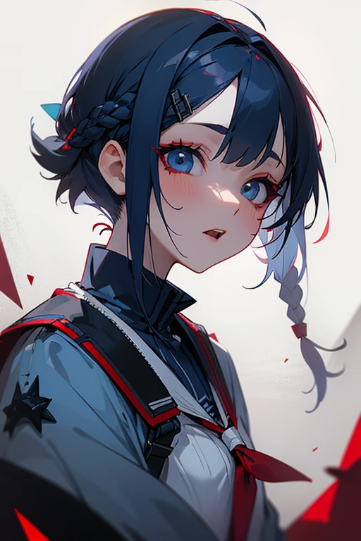 black ponytail, scars on face, tattoos on face, face, 1 girl, portrait, zoomed in on face, focused on face, blue highlights, vibrant streaks, watercolor, pastel, marks on face, facial marks, streaked face