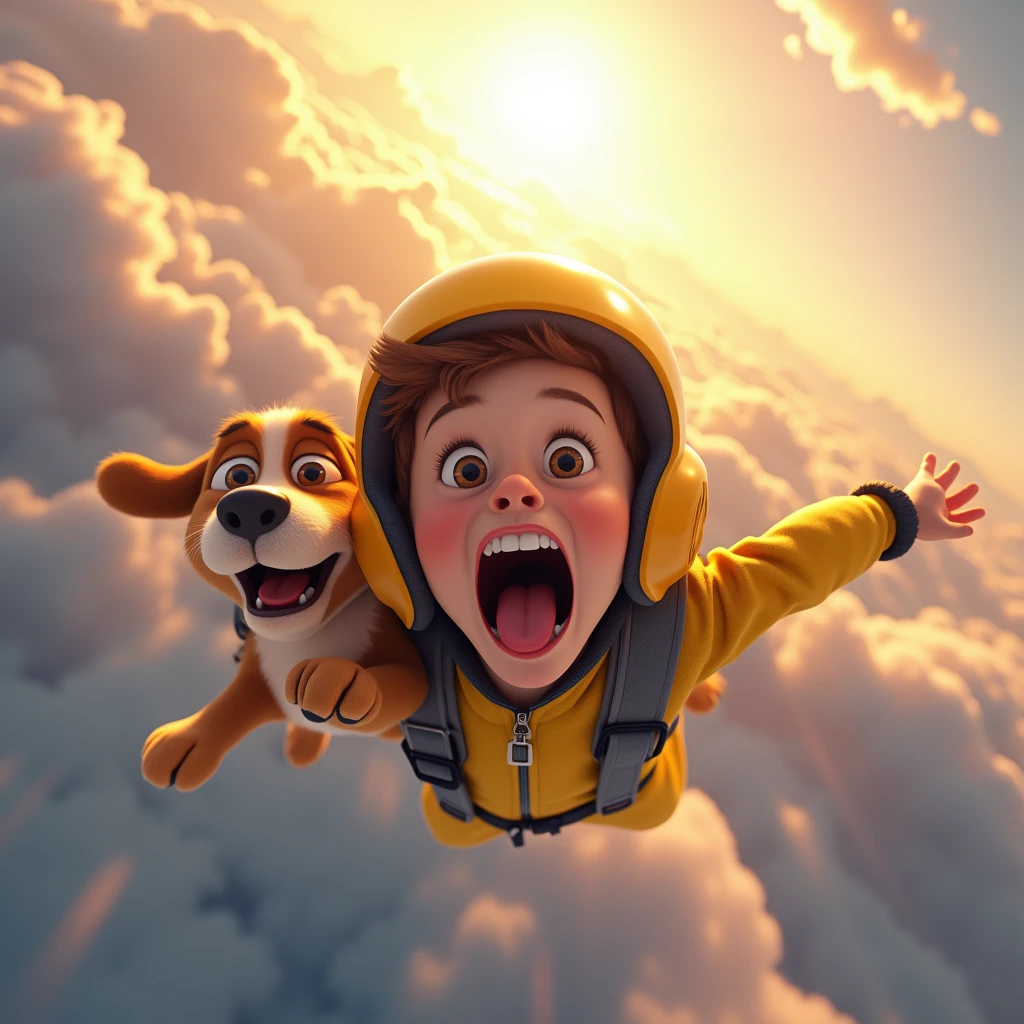 3D animation, theme is "rapid descent", boy wearing yellow helmet and dog are skydiving, boy and dog have their mouths wide open and wind is blowing into their mouths, lips and cheeks are trembling, lips are rolled up and gums are visible, focus on mouth expression, comical scene, colorful color usage, sophisticated design, advanced lighting technology, live-action photo 8K quality