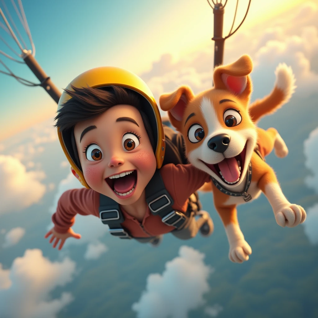 3D animation, theme is "rapid descent", boy wearing yellow helmet and dog are skydiving, boy and dog have their mouths wide open and wind is blowing into their mouths, lips and cheeks are trembling, lips are rolled up and gums are visible, focus on mouth expression, comical scene, colorful color usage, sophisticated design, advanced lighting technology, live-action photo 8K quality