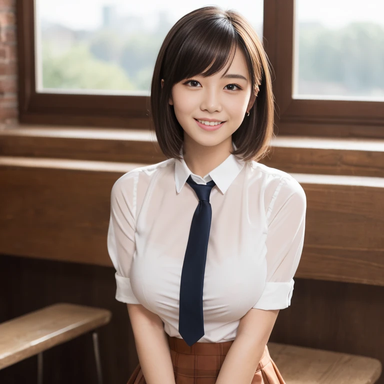 (8K, RAW photo, highest quality, masterpiece:1.2), (realistic, photo-realistic:1.37), super detailed,
1 girl,cute, alone,beautiful and detailed sky,Detailed cafe,night,sitting,date,(blush your nose),(smile:1.1),(closed mouth),big breasts, seductive smile, large aparture, professional lighting, Sony α7R4, Zessie 50mm F1.8,
medium breasts,beautiful and fine eyes,(collared shirt:1.1), bow tie,pleated skirt,(short hair:1.2),floating hair