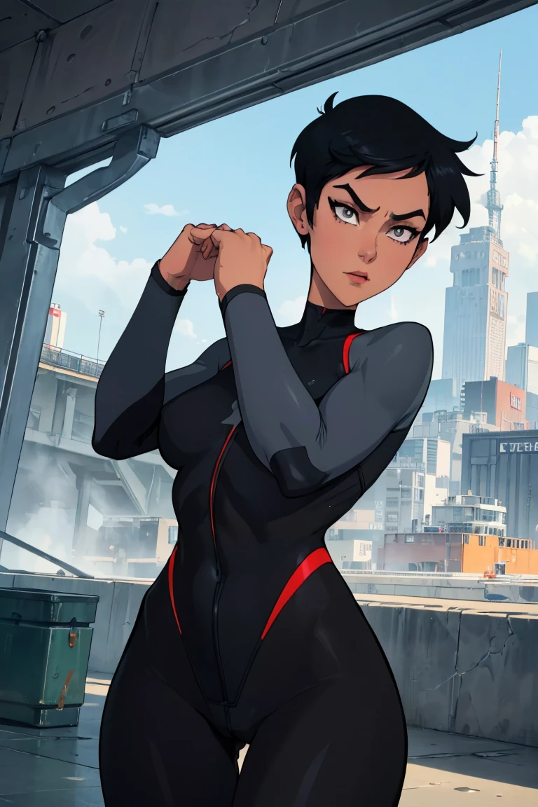 (work of art, Best quality, absurd, 4K, aesthetics, Lois Lane, perfect grey eyes, very short black hair, tomboyish hairstyle, perfect face, detailed, intricate, Perfect Lighting) 1 girl with fair skin, long dark hair, wears a futuristic red and black bodysuit, heroine, queen of an alien race, warrior, perfect body