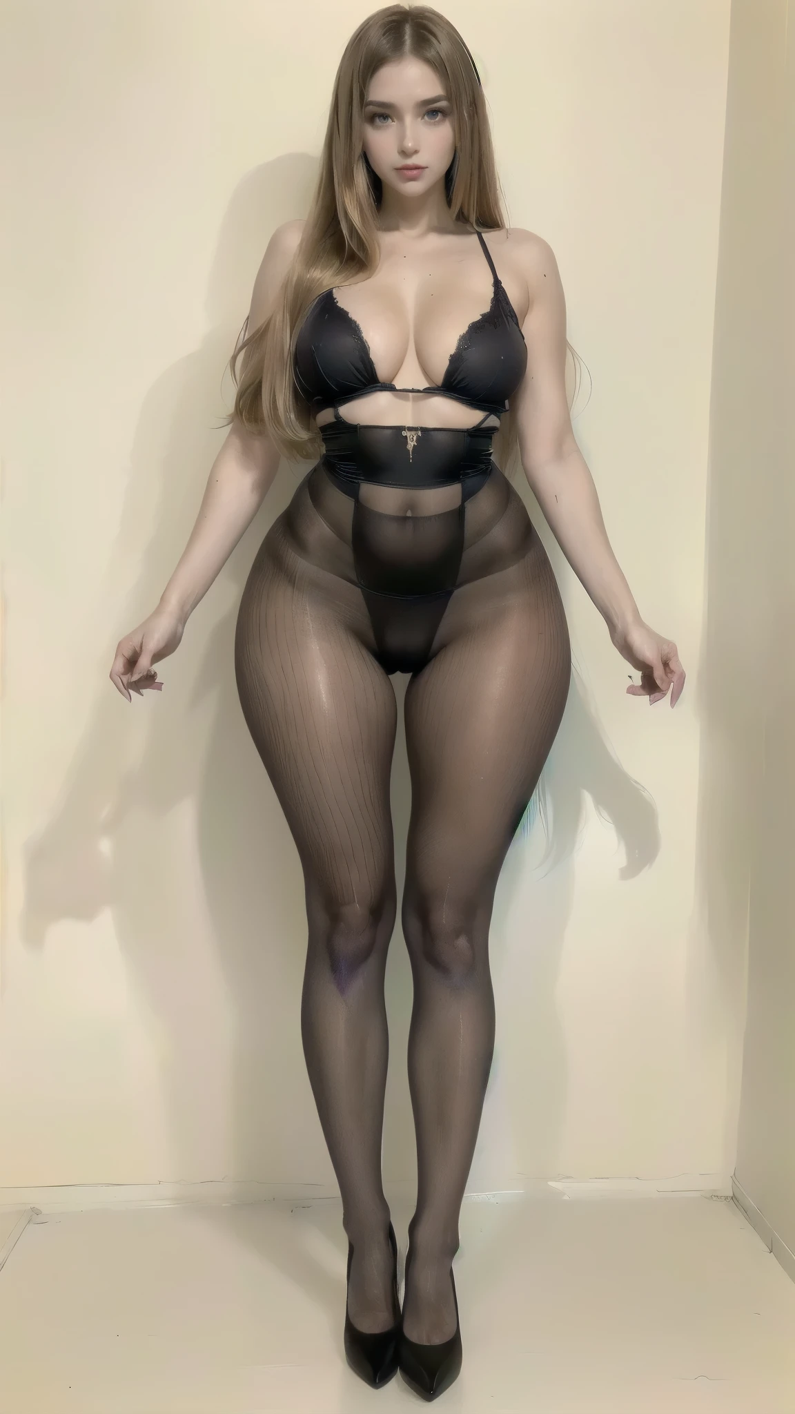 Full body hand-paInted  illustration 35 years old elf Woman portrait, beautiful fInInIne face, (((Full body standIng still image))),  low bun blonde hair , wearIng only (((brown pantyhose))) ((( high heels ))) estilo anime sInirrealista, ((( illustration:1.5))) ((( Long legs:1.5))) (((not:2.2)) (  ),  feet apart from each other ,  open arms,  hands away from the body , (((standIng still))), (((front view))), In (((a pose:1.5))), 
([long hair hair]:1.8), (full body:1.8), (upper body up:0.3), (hyper realistic:1.4), (realistic:1.3), (best quality real texture skin), Detailed eyes, detailed face, PERSEPHONE, persephone, (SFW:1.5) Hyperrealistic, LESS saggy , (SMALL :1.5), (HUGE LEGS:1.5), (LESS THIGHS:1.5),  perfect legs ,  perfect legs , pernas added, pernas added e perfeitas,  shapely legs, toned thighs, pernas added, Smooth thighs. (  pose :1.5), (thick eyebrows:1.2), (big purple eyes:1.2), ( ultra detailed eyes:1.4), ( High-resolution eyes :1.1), ( ultra detailed skin texture:1.4), (Beautiful toned body:1.1),  