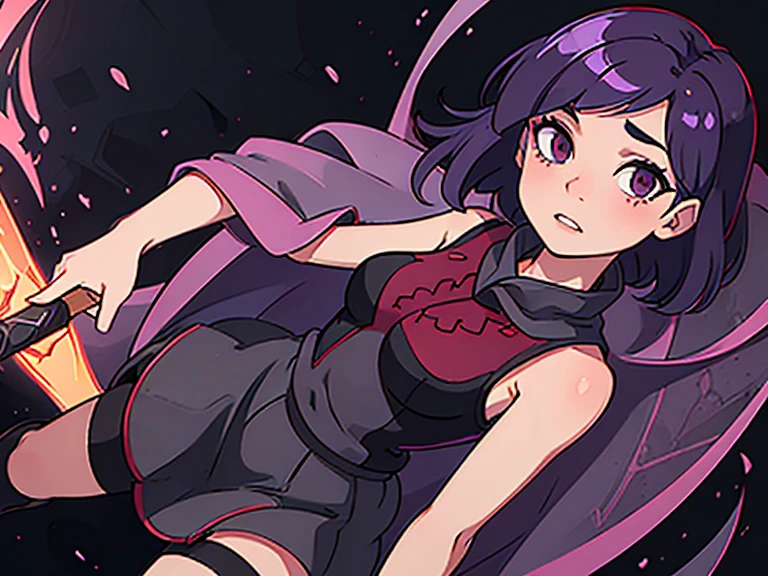 demon slayer anime style, Kotouji Agamaki, 1 girl 22 years old, serious and calm with gold eyes and pronounced eyebrows, Long straight braided hair surrounding your hair, dark purple hair with the most striking violet tips and two side sideburns of hair and long bangs, She wears a long-sleeved hunter uniform with a dark magenta skirt and everything., a katana, a black japanese coat with gold floral). Kimetsu no yaiba anime. sitting on his legs, in a fic, next to a window from head to toe with landscape background of a cherry tree and a sunset,