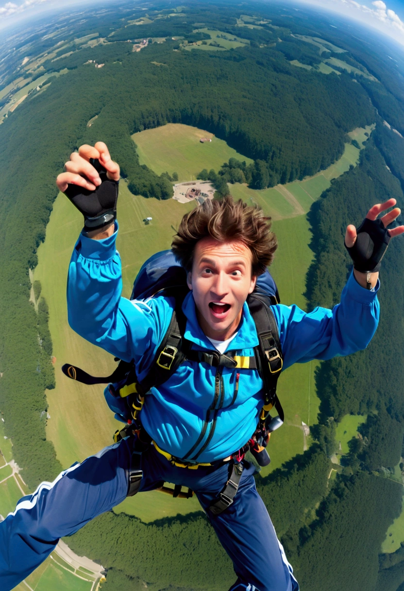  crazy man in a blue jacket flying through the sky in a parachute, Aerial view, 360 feet wingspan , Fly towards the camera , High shot in the air, Amazing depth, Subjective shot, Amazing depth,  view from above,  top view ,  top down view , Top down shot ,  sky blue ,  extreme sports photo , Sweat rises