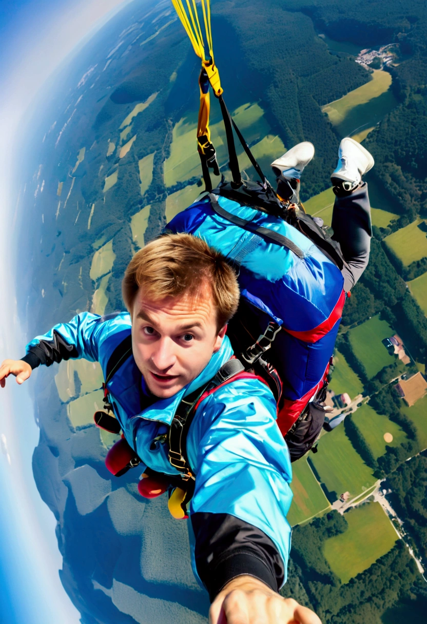  crazy man in a blue jacket flying through the sky in a parachute, Aerial view, 360 feet wingspan , Fly towards the camera , High shot in the air, Amazing depth, Subjective shot, Amazing depth,  view from above,  top view ,  top down view , Top down shot ,  sky blue ,  extreme sports photo , Sweat rises