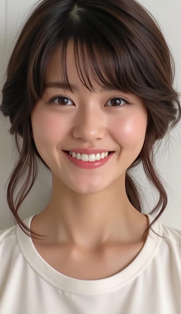  1 girl、Photo Mapping、Physically based rendering、 high image quality、 high definition 、1080P、( beautiful face)、(Detailed description of the face)、( Detailed description of the hand setter&#39;Muscle area)、( CG in detail)、 rich details 、( Stunning Features :1.35)、( detail eyes)、 of cute ladies are looking forward to your eyes、Delicate clavicle、 Various Poses、 A very realistic and detailed upper body portrait of a young woman。The skin is beautiful、 soft light reflecting high on her cheeks .、 Tiny pores and hair follicles、 You can see even the thinnest blood vessels 。The skin is smooth、natural flushing of cheeks 、Healthy glow。 The eyes are large and clear blue、Her iris has fine patterning、 Light is reflecting and shining in the eye。 There is a slight shadow under her eye 、 Her eyelashes are long and naturally curled。 her lips are soft pink 、Smooth texture with a natural glow、 Slightly reflects light。  the woman wears a simple white top  .、 background is pale black and white gradation .、 The focus is entirely on the face and upper body。 Realistic shadows and textures、 picture-like depiction.。
