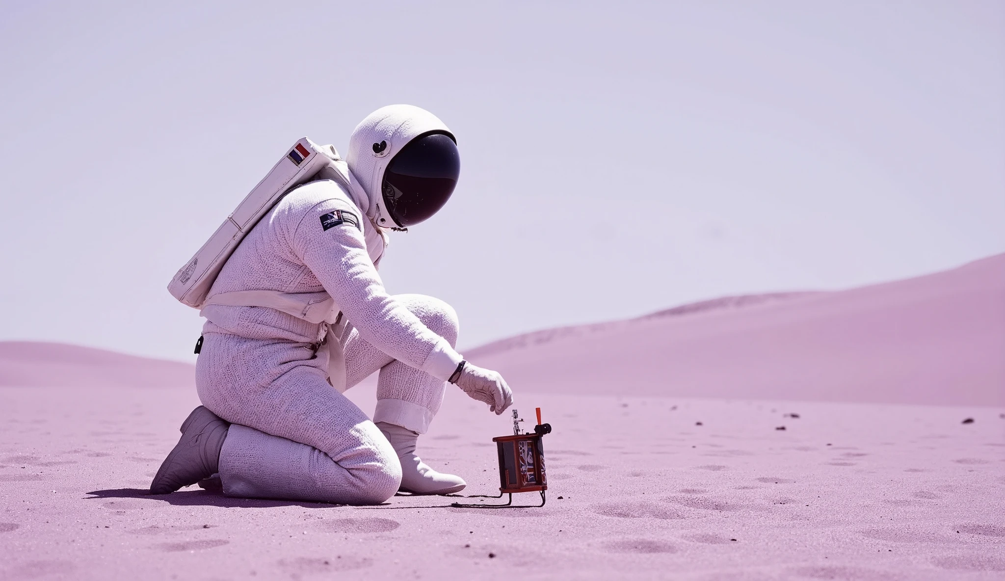 Astronaut on a desolate desert planet. The spacesuit is made of a white material which is clearly knitted. The helmet visor is black and no face is visible. The planet has a pale pastel lilac hue. No flag emblems on the spacesuit. Photorealistic. Detailed. 1960’s retro sci fi feel. The spacesuit is knitted. The astronaut is kneeling, adjusting a small transmitter which is on the ground.