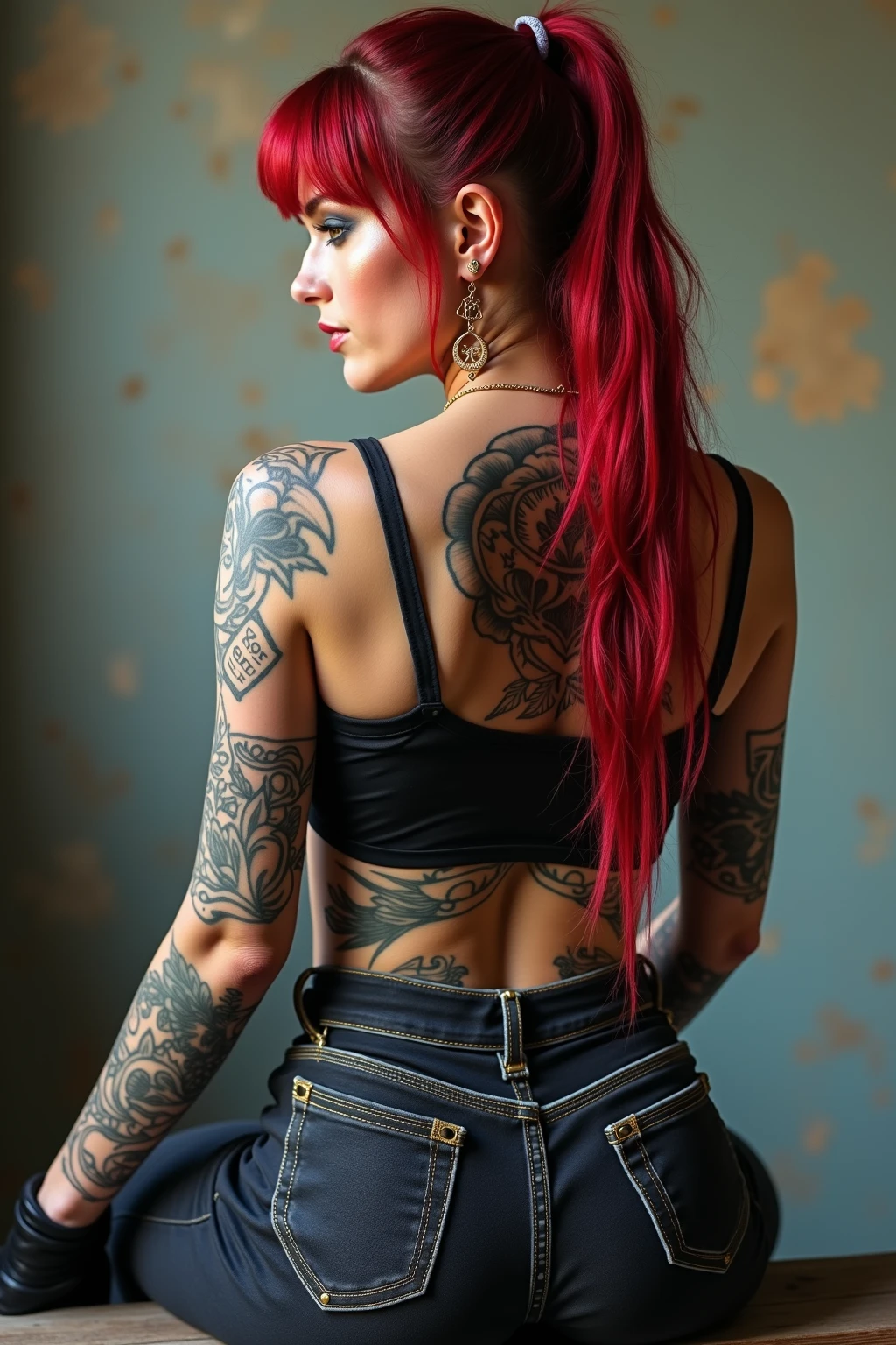 analog style,38 years old woman with back tattoo, red hair, <lora:backTattooConcept_v10:1>,detailed skin,casino background,nsfw,oiled skin,film grain, chiaroscuro