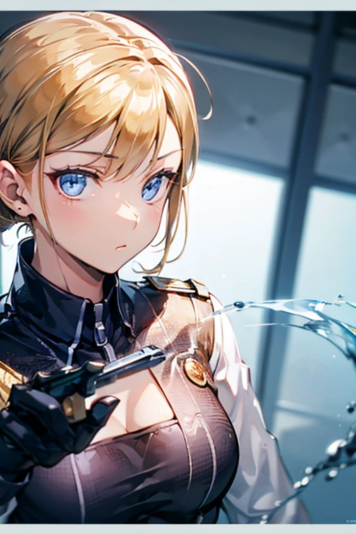 T-X1 girl , Blonde,  blue eyes,  high definition ,  chignon flowing sideways, No Emotion, simple background, Liquid Metal、uniform、