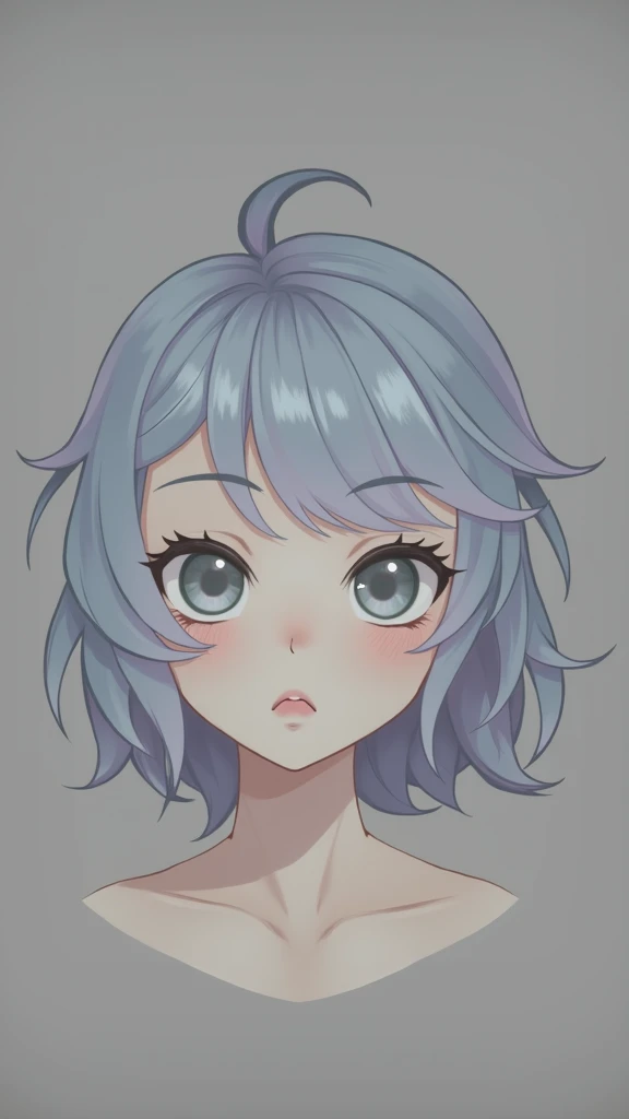 Short feminine male, purple hair, grey eyes, uwu, adult, tired