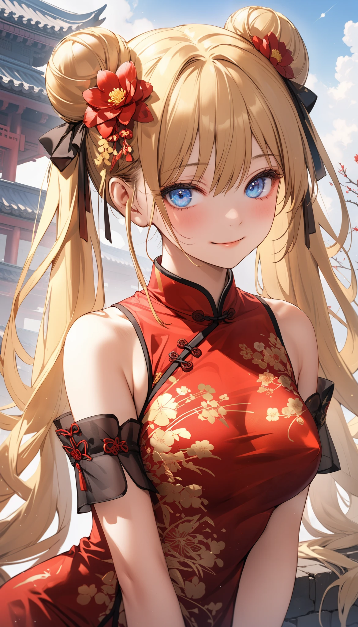1girl, side-opened china dress, embarrassed smile, looking at viewer, arms behind back, on the street, cowboy shot, masterpiece, super detail, best quality