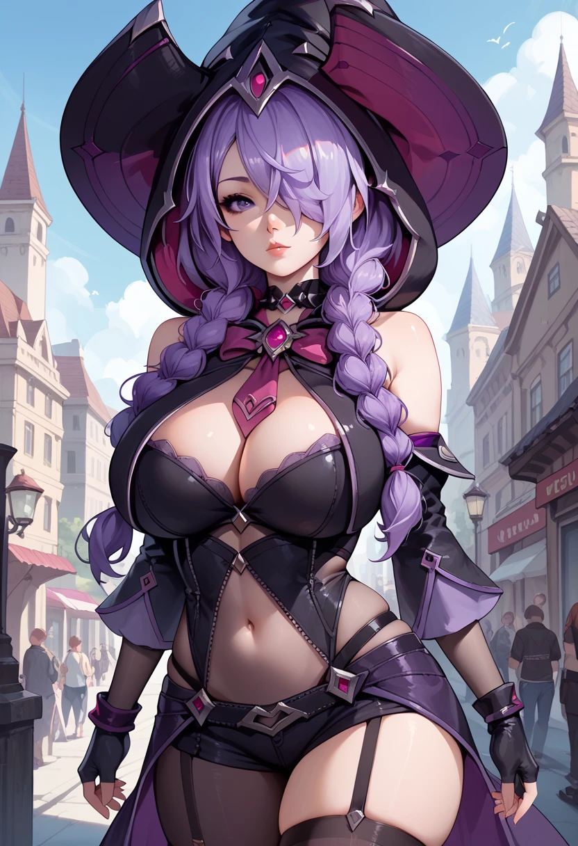 Source_Anime, 1girl, era, long hair, purple hair, twin braids, braid, hair over one eye, hood, gloves, black gloves, hat, purple eyes, fingerless gloves, witch hat, necktie, bare shoulders, cowboy shot, outside, city, standing, navel, huge breasts, skindentation,