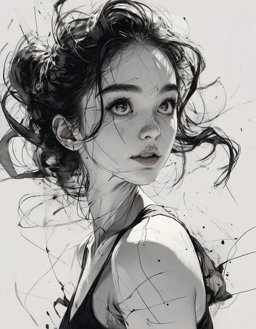 (best quality, high resolution, masterpiece:1.2), Super detailed, actual:1.37, black ink sketch, smooth lines, Expressive facial expressions and gestures, simple background, Emphasis on light, shadow and spatial perception, Abundant negative space, young girl.